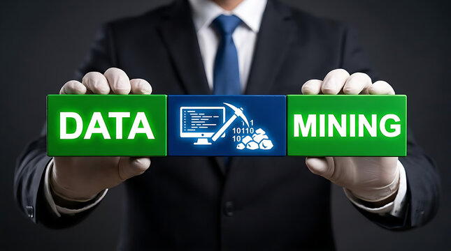 Business Professional Presenting Data Mining Technology Interface, Big Data Analytics, Business Intelligence, Data Processing, Artificial Intelligence and Digital Transformation Concept