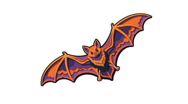 Colorful cartoon bat with orange wings and smiling face flying in the night sky