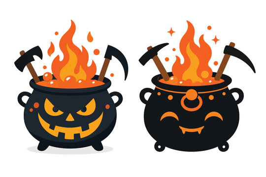 Spooky witch cauldron with fire and tools graphic set t shirt cauldron halloween illustration celebration decorative template character mystical creative
