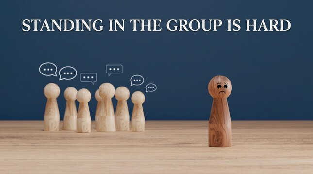 Lonely wooden figure standing apart from a group of talking peg dolls, illustrating social exclusion, isolation, bullying, being an outsider, or the difficulty of fitting