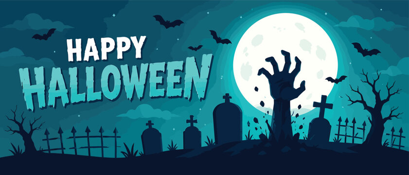 Happy halloween spooky night background with zombie hand rising from graveyard halloween cemetery graveyard celebration background gravestone silhouette illustration seasonal typography