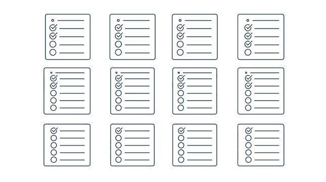 Collection of 12 checklist icons with checkmarks and bullet points for task management
