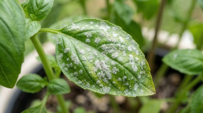 Macro Photography of Powdery Mildew Fungal Infection on Fresh Green Basil Leaves