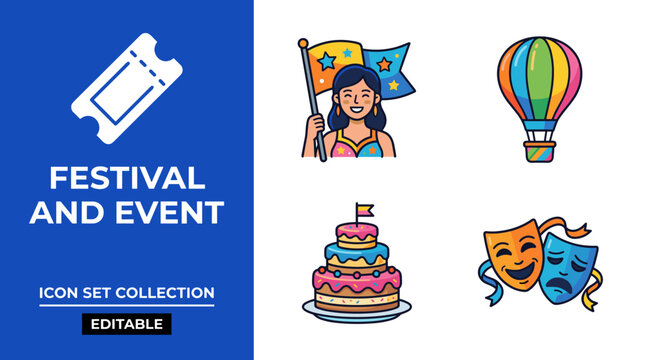 Festival and event icon set with hot air balloon parade girl tiered cake and theater masks