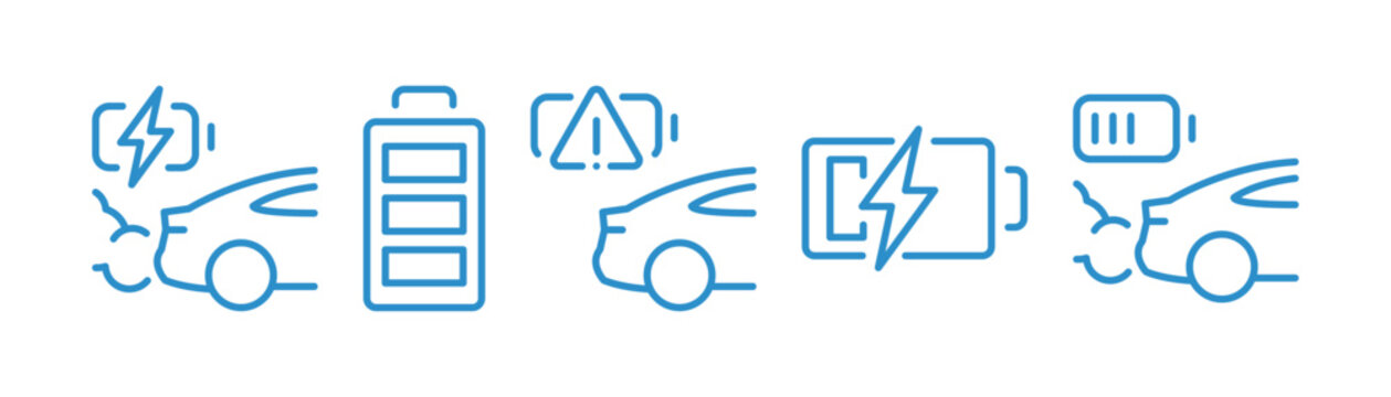 Electric vehicle charging icons set, battery level and power monitoring symbols, EV transportation elements outline editable stroke vector illustration.
