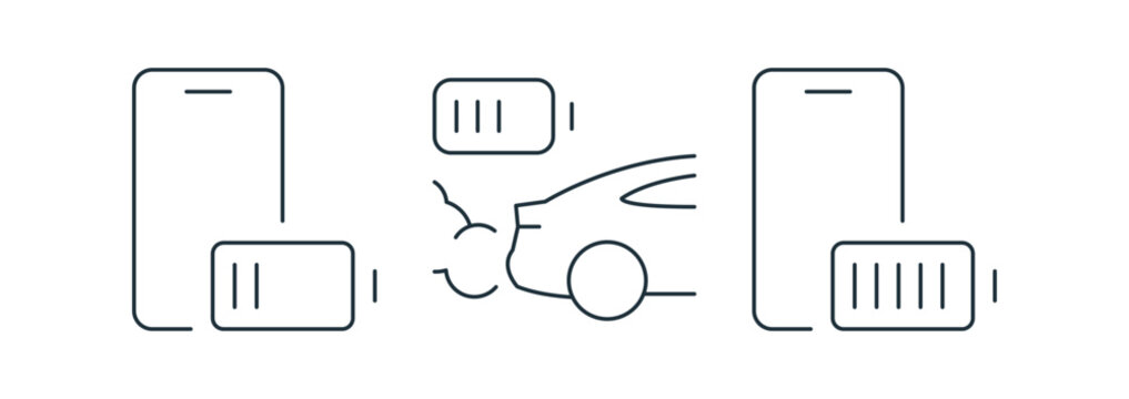 Electric vehicle and battery icons set, EV charging symbols, mobile power indicators, energy monitoring elements, transportation technology collection, outline editable stroke vector illustration.
