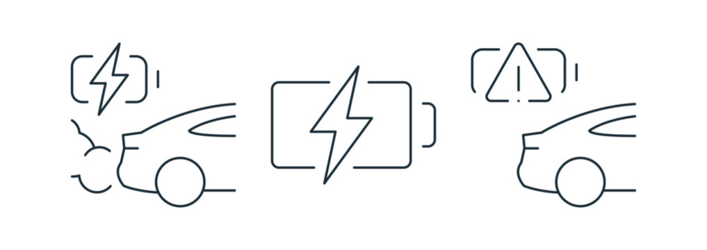 Electric vehicle warning icons set, EV charging and battery alert symbols, energy monitoring elements, transportation safety collection, outline editable stroke vector illustration.

