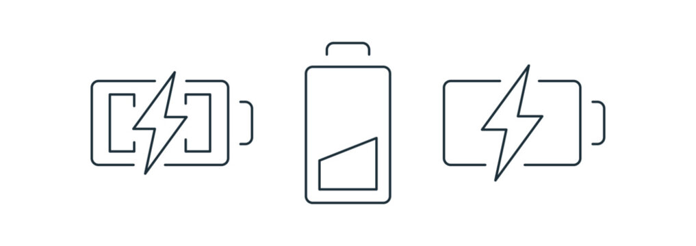 Battery charging icons set, rechargeable power symbols, energy level indicators, electricity monitoring elements, mobile device battery collection outline editable stroke vector illustration.
