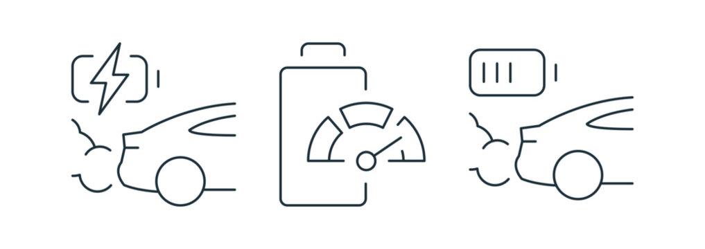 Electric vehicle charging status icons set, battery level and charging indicators, electric car energy symbols, EV power monitoring elements outline editable stroke vector illustration.
