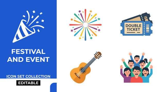 Festival and event icon set collection with confetty guitar audience and ticket