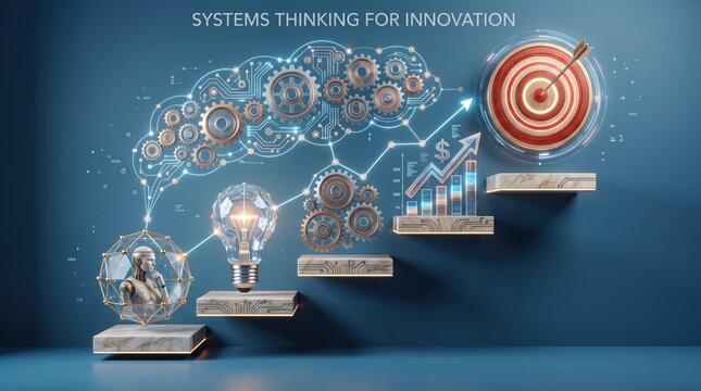 Systems thinking for innovation concept with gears, lightbulb and target, strategic business growth analysis chart on blue background