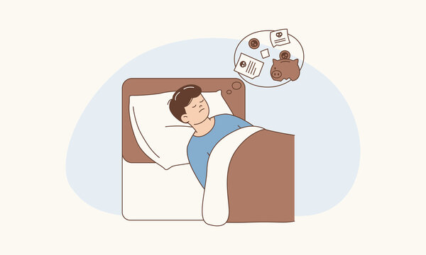 Stressed Man Sleeping but Dreaming about Financial Bills Causing Sleep Worry Vector
