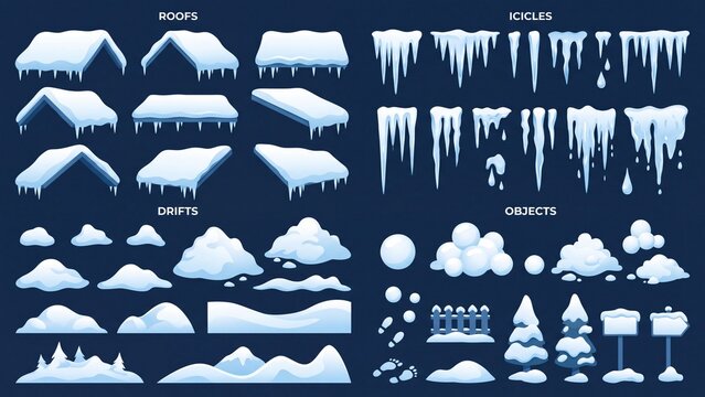 Collection of cartoon winter snow elements including roofs icicles drifts and objects perfect for game design and seasonal projects