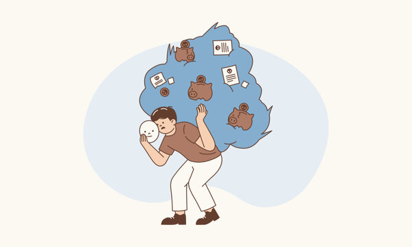 Person Wearing Smiling Mask to Hide Financial Worries and Debt Burden Shadow Behind Them Vector