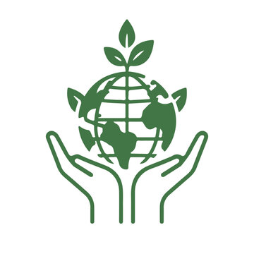 Eco Earth Care Logo with Hands and Growing Plant Vector Icon