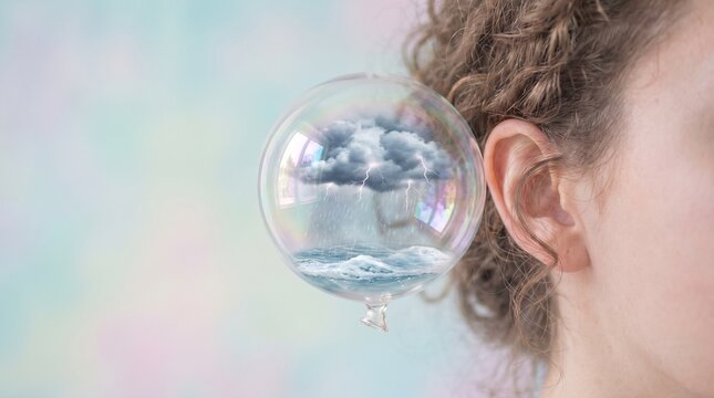 Conceptual image of an ear with a bubble containing a rain cloud, illustrating the silent tempest of emotions and the mind's internal struggles