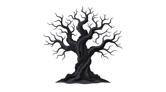 Illustration of a twisted leafless tree with gnarled branches on a plain background