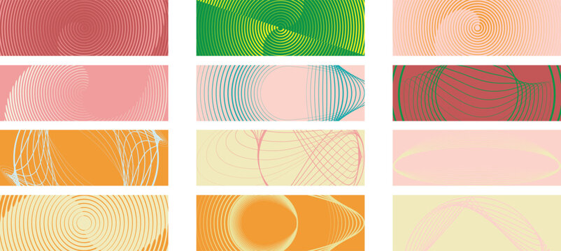 Abstract geometric web banner background set with dynamic lines and circular patterns in duo colors for modern website header corporate identity , tech cover design and digital layout templates.