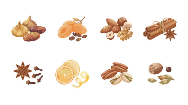 Assorted spices and nuts including garlic, almonds, cinnamon, star anise, lemon, and nutmeg