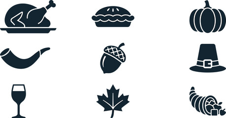 Thanksgiving holiday and autumn harvest solid black glyph icon set featuring flat roasted turkey pumpkin pie shofar acorn pilgrim hat cornucopia wine glass and maple leaf. © Rubel