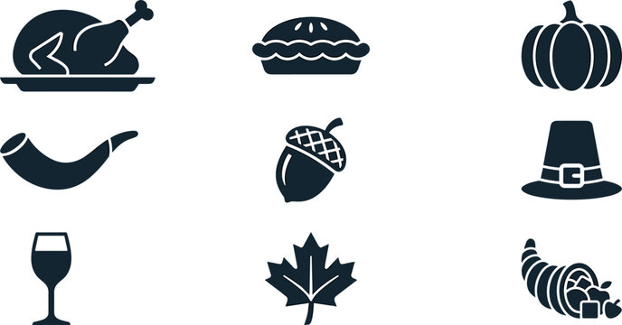 Thanksgiving holiday and autumn harvest solid black glyph icon set featuring flat roasted turkey pumpkin pie shofar acorn pilgrim hat cornucopia wine glass and maple leaf.