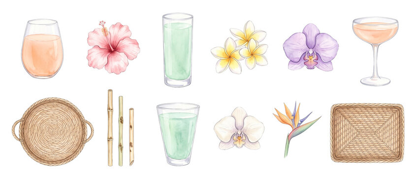 Tropical cocktail watercolor flower clipart set with hibiscus plumeria orchid bamboo rattan trays and summer drinks isolated for spa resort design menu decoration craft and summer party elements