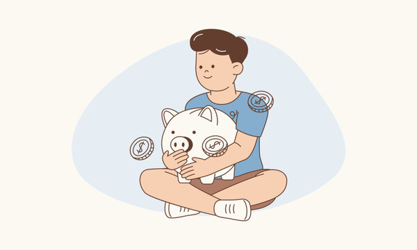 Happy Child Hugging Piggy Bank with Pride Representing Value of Financial Saving Vector