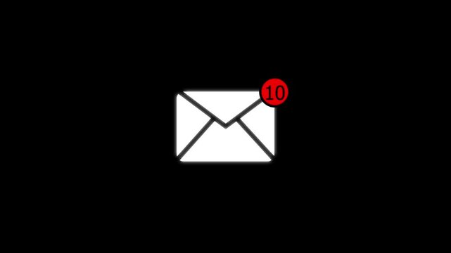Animated email with unread notification badge, digital communication concept,10  minimalist white envelope on black background 4k stock  video. 