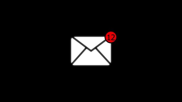 Animated email notification with unread  12 message counter on black background, alert 4k stock  video. 