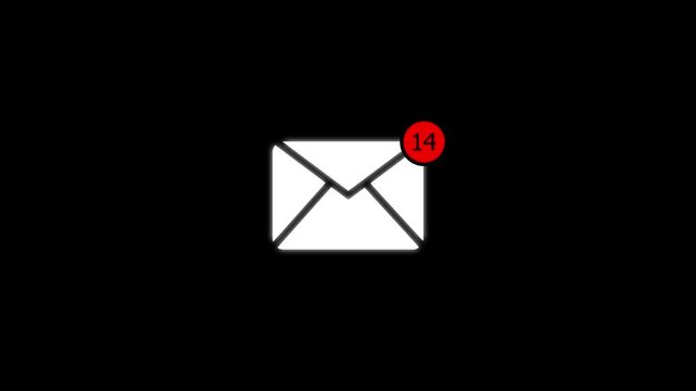 Digital email notification with unread  14 message counter animation on black background, inbox 4k stock  video. 