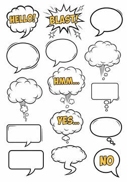 Comic Speech Bubbles: "Hello!", "Blast!", "Hmm...", "Yes...", "No." - Bold Yellow & Black Outline Illustration