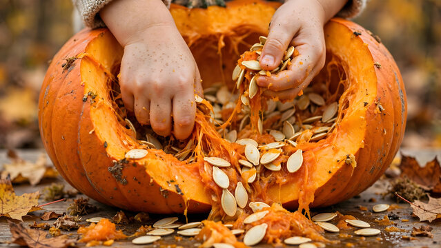 Child Hands Scooping Pumpkin Seeds