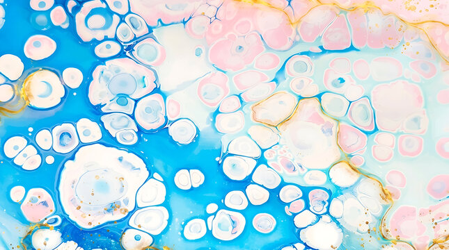 Microscopic view of adipose tissue cells with blue staining showing fat deposits and connective structures
