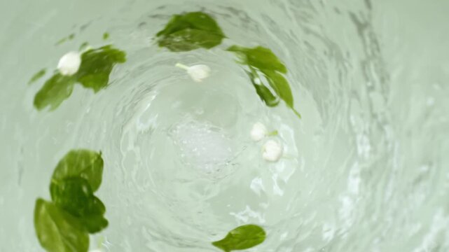 Top view macro video of fresh white jasmine flower buds and green leaves falling into swirling clear water vortex, organic botanical extract and tea processing background for commercial advertising