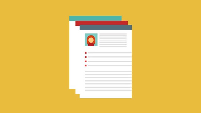 Stack of Documents with Photo and Bullet Points on Yellow Background.