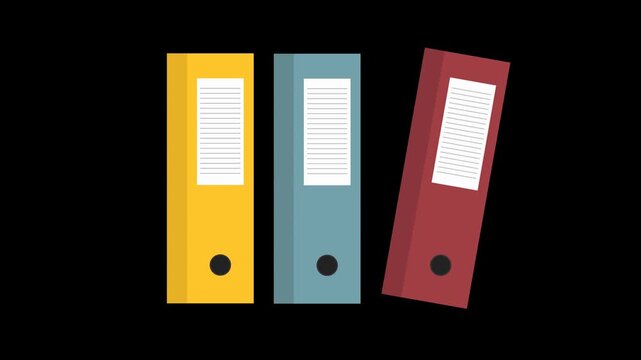 Three colorful binders standing on a black background.
