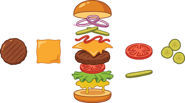 Deconstructed cheeseburger vector illustration set with exploding layers of bun, beef patty, melted cheddar cheese slice, tomato, pickles, onions, ketchup, and lettuce isolated on white.