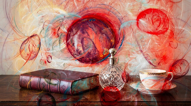 Surreal painting of floating hands with tea set and crystal ball on dark wooden surface
