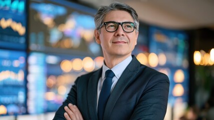 Fototapeta premium Confident businessman looking ahead in modern financial control room