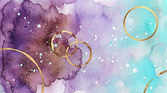 Abstract colorful swirls and circles on a soft pastel background with golden outlines
