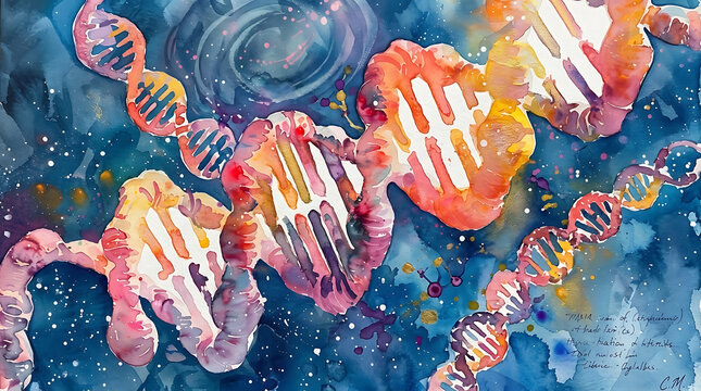 Colorful abstract illustration of hands holding dna helix strands in space