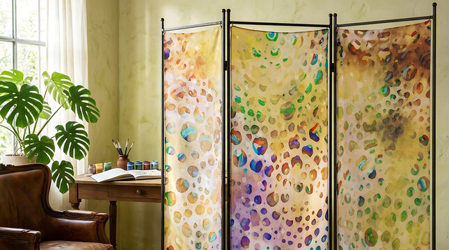Room divider with nature pattern in a cozy green living space