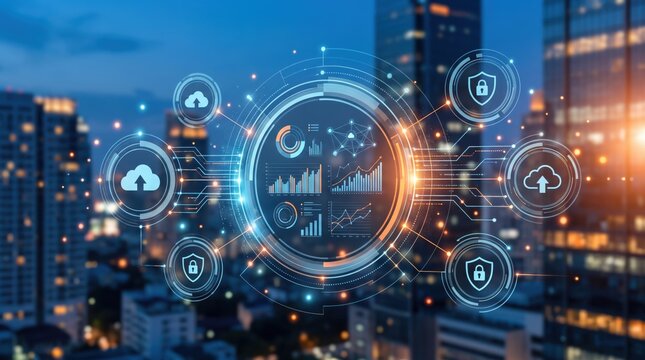 Futuristic smart city hologram interface showing data analytics cloud computing security icons over urban skyline at dusk, digital transformation IoT network connectivity