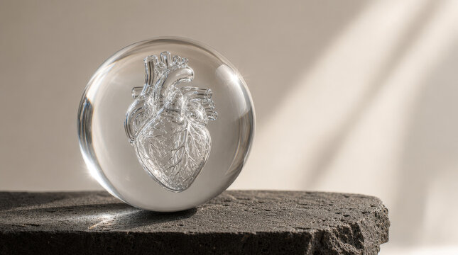 Transparent glass sphere with a detailed anatomical heart inside on a dark stone