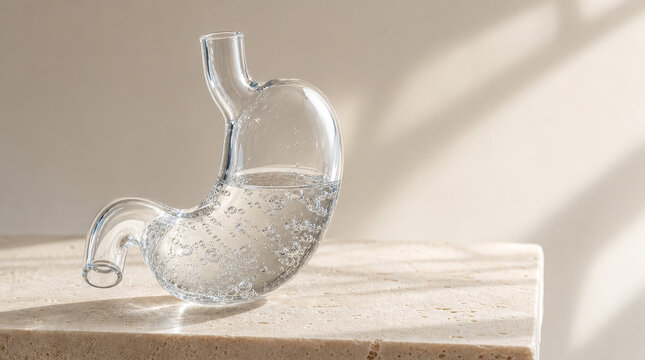 Clear glass stomach model filled with bubbly liquid on a stone surface
