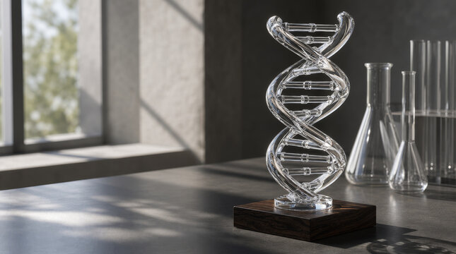 Clear glass DNA double helix sculpture on a wooden base in a laboratory setting
