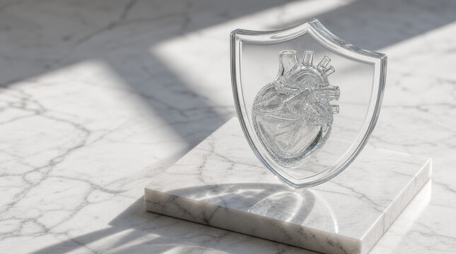 Clear glass heart shield sculpture on marble with dramatic light and shadow