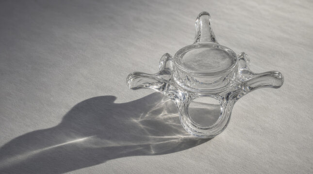 Clear glass sculpture of a human vertebrae casting a long shadow