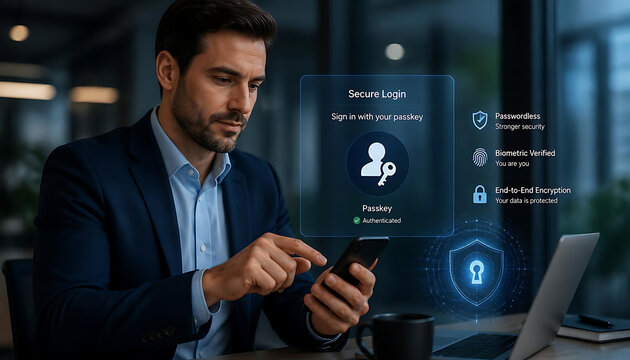 Businessman using smartphone for secure authentication. Mobile app login with digital passkey.