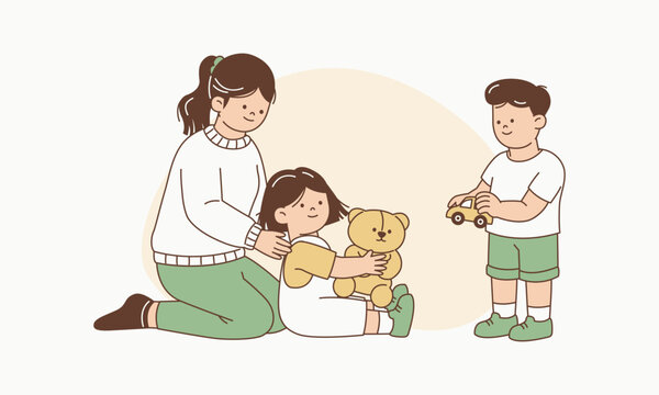 Adult Supporting Child with Hand on Shoulder Encouraging Them to Share Favorite Toy Vector